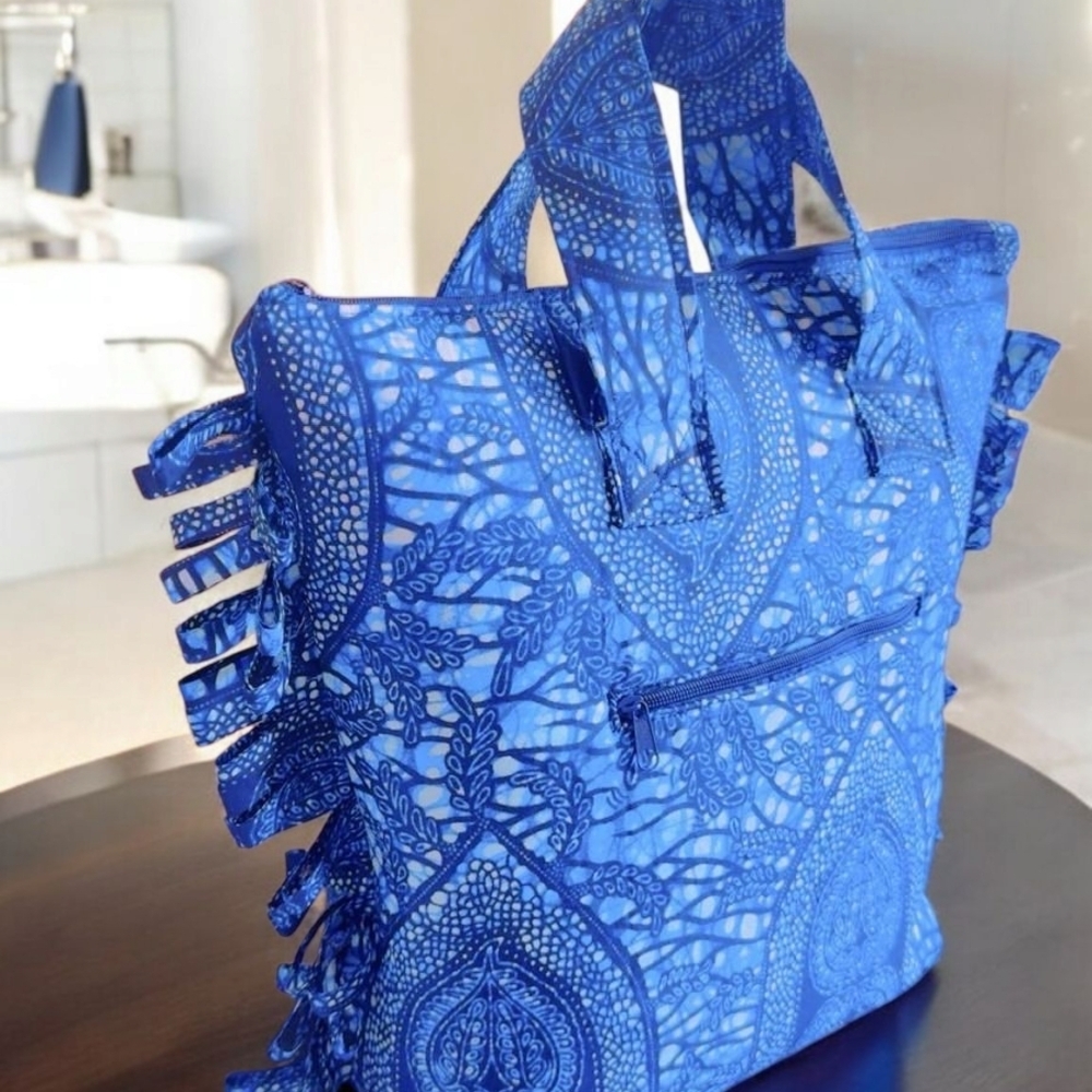 Luxurious Blue Ruffled Tote Bag